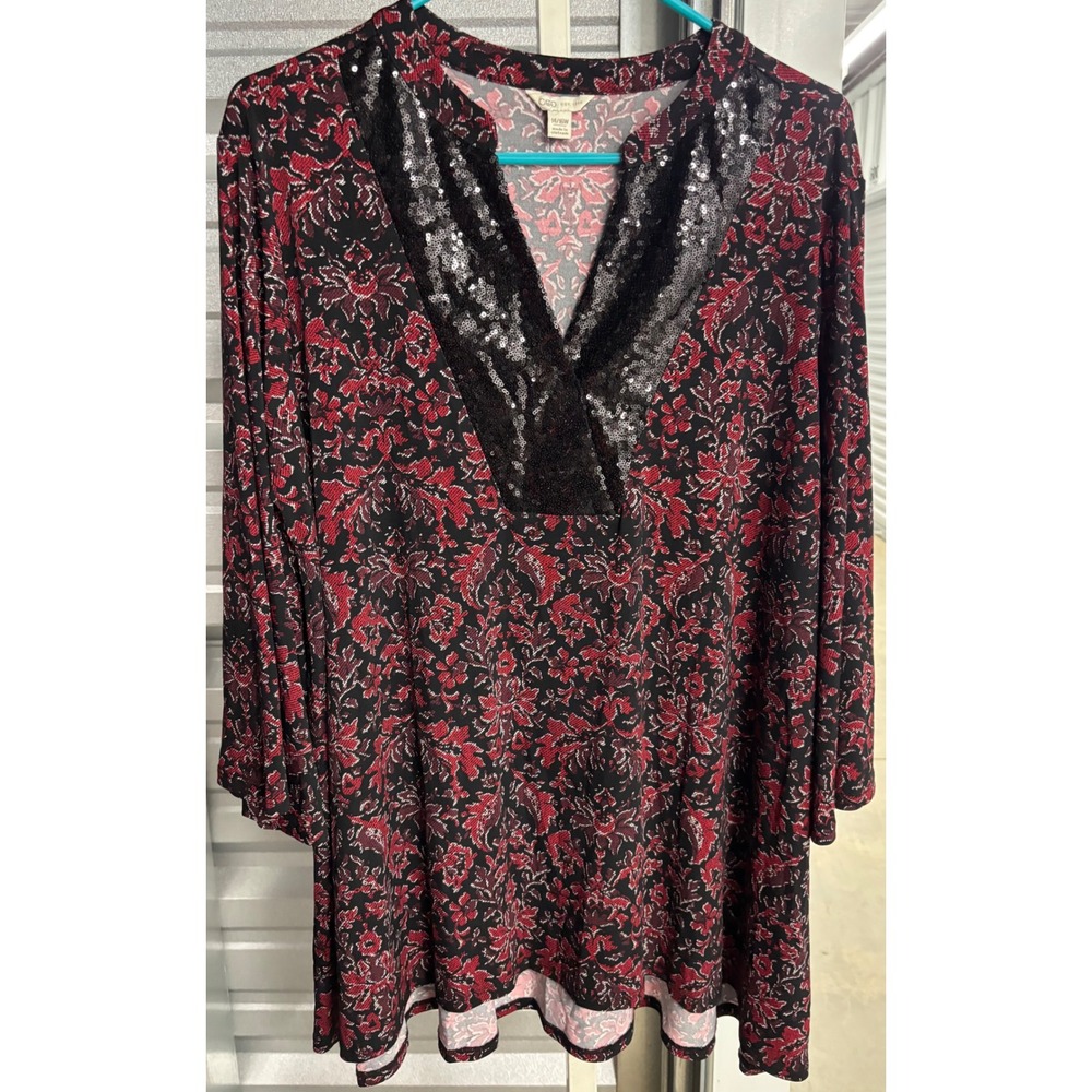 Cato Red Black Damask Floral Sequin V-Neck Tunic Top Womens 14/16W